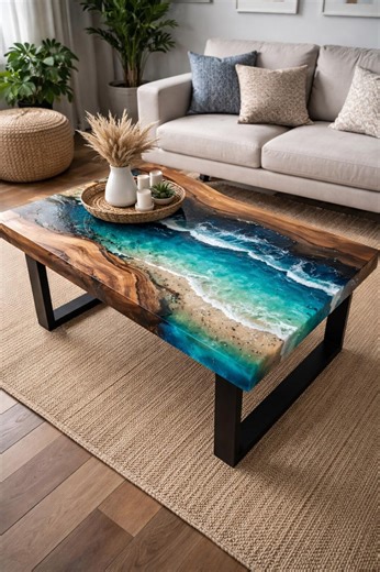 Ocean Wave Live Edge Epoxy Coffee Table, Handmade Wood Resin Living Room Furniture - Etsy