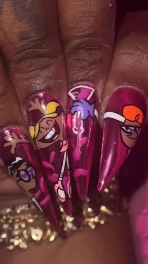 Jasmine Suydam on Instagram: "💖 Valentine’s Day x 🤎 Black History Month edition 💖 I am not left handed so I’m super proud of these, literally came to mind in a thought 🫶🏾🔬🧪 #dexterslaboratory #fyp #nailart #stilettonails #pink"