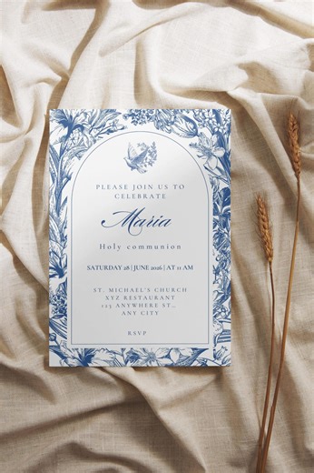 First Holy Communion Invitation Card, Digital Product, Editable in Canvas, 5x7 Inches, Elegant, Trendy, Floral, Flowers, Modest - Etsy