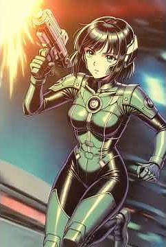 Anime female warrior in sleek sci-fi armor holding a futuristic handgun with serious gaze