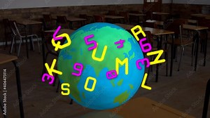 Digital composition of alphabets and numbers over spinning globe against empty classroom