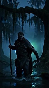 Mysterious explorer discovers glowing flora in a dark, misty swamp at night