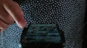 Close up male hands holding smartphone and quickly flipping through tape on internet. Men enjoy online chat, browse web. Modern wireless tech user concept