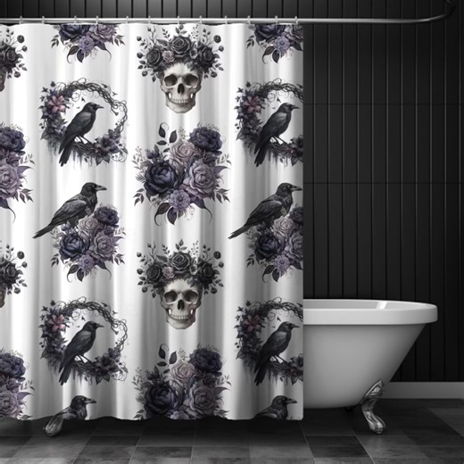 Gothic Raven Skull Shower Curtain, Dark Cottagecore Floral Fantasycore Bathroom Decor, Witchy Crow Ivy Roses, Moody Alternative Home Decor - Etsy