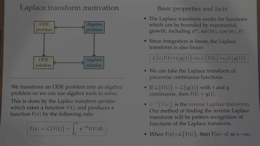 Differential Eqns. F22-24 -- Introduction to Laplace transforms; basic functions