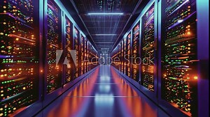 Rendering of fly-through rack servers in a data center. Digital of global big data.