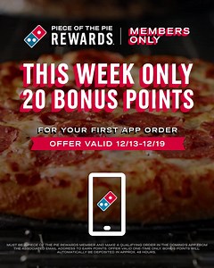 🚨 Rewards Members Only: Get 20 Bonus Points this week when you place your first-time qualifying App order and you'll be well on your way to FREE PIZZA! 🍕 | Domino's Pizza
