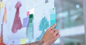 Fashion, design and woman at moodboard for ideas, color swatch and sketch for small business workshop. Job planning, drawing of clothes and inspiration for creative designer brainstorming at mindmap.