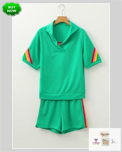 Sea Green Rainbow Colorblock Collared Short Sleeve Top 2 Piece Shorts Set