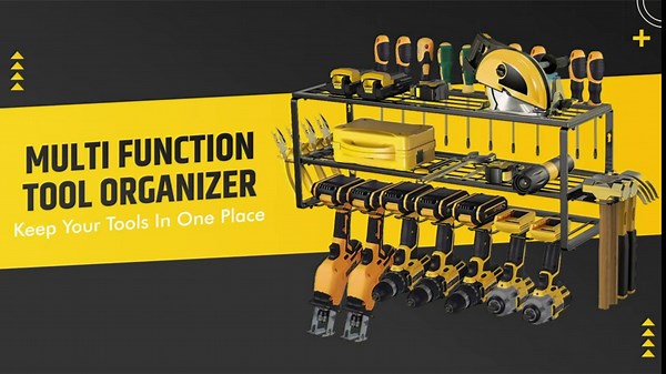 Power Tool Organizer Wall Mount System - 7 Slot Carbon Steel Rack Holds Up to 170 Pounds - Accessory Shelves and 4 Hooks Included - Heavy Duty Utility Racks, Black