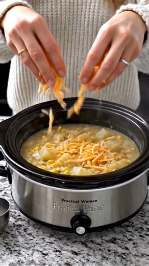 Corn and Potato Chowder Recipe Ingredients 3 cups frozen diced hash brown potatoes (about 1/2 of a 32 oz bag) 2 (15 oz) cans corn, drained 4 cups chicken or vegetable broth 1 (10.5 oz) can condensed cream of chicken or cream of celery soup 1 cup shredded cheddar cheese Directions Add the frozen diced hash brown potatoes and drained canned corn to the slow cooker, spreading them out evenly. Pour in the chicken or vegetable broth, then add the condensed cream soup. Stir everything together until t