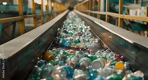 Sorting Mixed Recyclables at Waste Management Facility Using Conveyor Belt. Concept Recycling, Waste Management, Sorting, Conveyor Belt, Sustainability