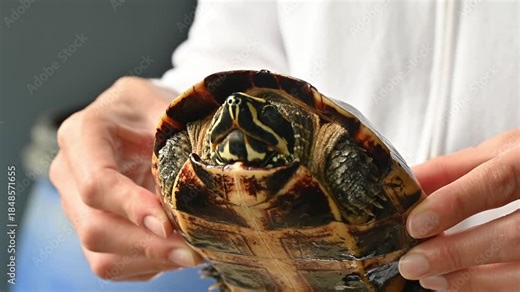 Someone holding a Mekong snail-eating turtle in hands. The Snail-eating Turtle has a large head and strong jaws, which enables it to crush the shells of snails.