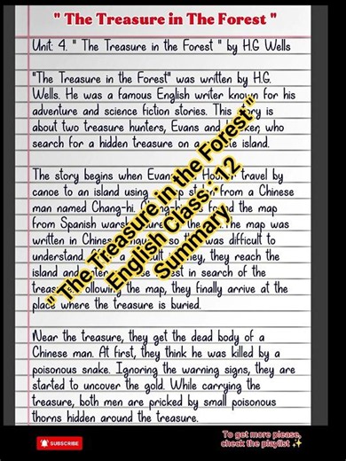 The Treasure in the Forest Summary Class 12 | Short Story Unit 4 | Compulsory English Class 12 |