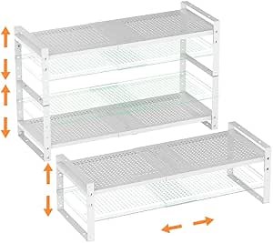 Multi-Functional Metal Shoe Rack,Expandable Adjustable Stackable Kitchen Organizer,Metal Shelf risers for cabinets, Kitchens and Closet, Bathroom(3Packs/White/Medium)