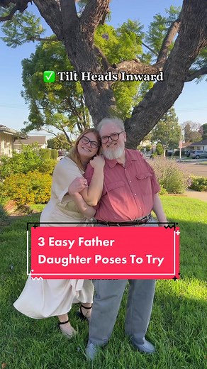 3 EASY POSES TO TRY WITH DAD | If you and Dad do the same “side by side” pose in every photo, it’s time to try something new! Here are 3 easy poses to try out that show connection— and they're so easy that even my 74 year old father (who has limited mobility) can do them… POSE ONE: Begin turned inward slightly toward one another. Wrap your inside arms around each other's backs, then wrap your outside arms around one another as well, joining at the forearm. Try to keep your chests open towards th