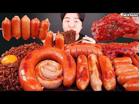 ASMR MUKBANG | Black Bean Noodle & Grilled Sausage Kielbasa Chicken EATING 먹방