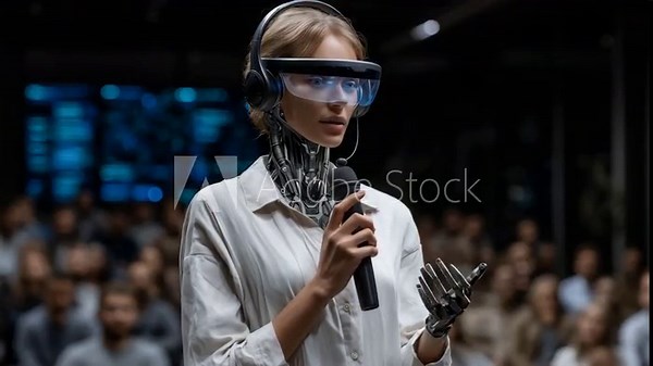 4k female AI researcher presenting a sentient humanoid robot prototype in a glass auditorium. Audience members wear translation visors, and real-time data streams behind her