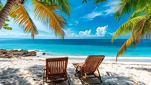 Download Two wooden chairs sitting on a sandy beach next to the ocean for free