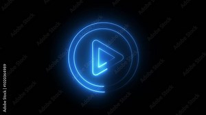 Play button icon neon glowing blue animation on a black background. neon music play button icon animation.