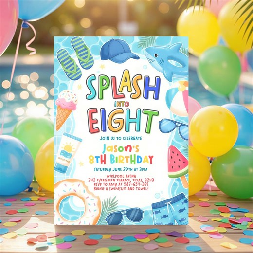 Splash Into Eight 8th Birthday Pool Party Invitation, Boys Pool Party Invite, Editable Summer Swim Birthday, Dive Into Eight Template - Etsy