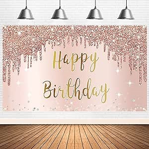 Rose Gold Happy Birthday Banner & Backdrop Decorations for Girls & Women, Pink Theme Party Sign Supplies, Large 16th-50th Birthday Poster Background Photo Booth Props