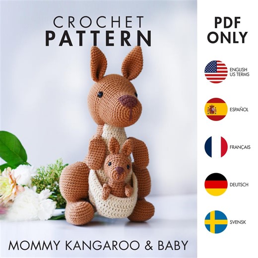 Crochet Pattern - Kangaroo and baby - Amigurumi (PDF diy description - English, Français, Español, Deutsch, Svensk) - Etsy Canada