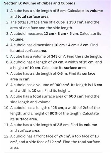 Volume of Cubes and Cuboids | Class 7 Maths Worksheet with Solutions | Surface Area Questions