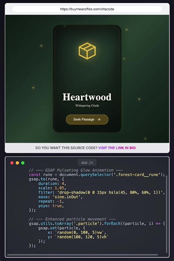 A magical 3D card with animated glowing particles, parallax depth, and an enchanting fantasy theme for an immersive user experience. 🔧 Tech Stack Used: HTML, CSS (Custom Properties), JavaScript, Vanilla-Tilt.js, GSAP 💡 Key Features: -Floating Dust Motes: A pure CSS particle system creates an atmosphere of magical, glowing dust. -Pulsating Glow Effect: GSAP is used to create a subtle, organic