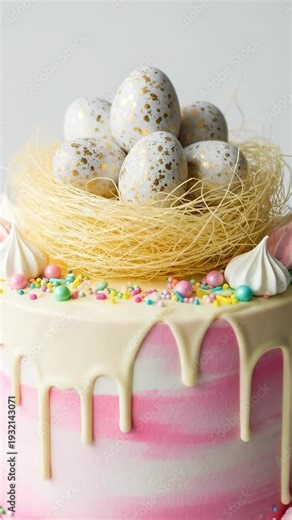 Pastel Pink Ombre Easter Drip Cake with Spun Sugar Bird Nest and Speckled Eggs