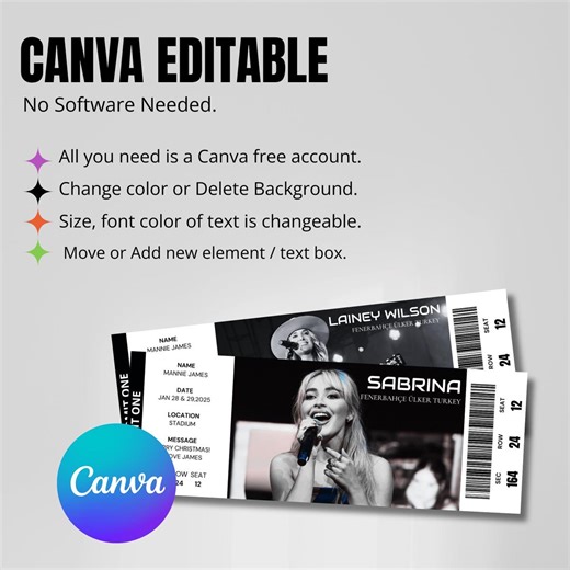 Editable Concert Ticket Canva Template for Personalized Gifts, Diy Party Supplies, Printable Ticket Design - Etsy
