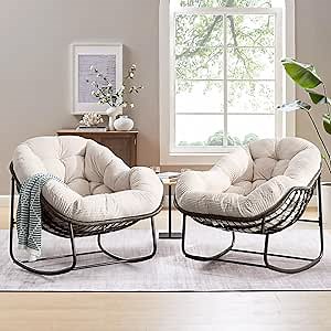 Large Indoor Rocking Chair Set of 2, Oversized Rocking Papasan Chair with Thick Cushion and Frame, Comfy Corduroy Rocker Wicker Egg Chairs Lounge Reading Chair for Living Room, Bedroom, White
