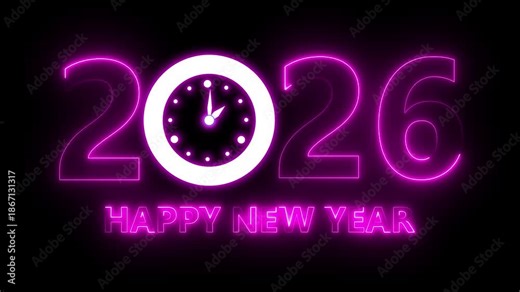 Happy New Year 2026 celebration with glowing clock animation on transparent background, countdown concept. Welcome 2026. happy new year 2026 animated text new year neon 2026 4k video