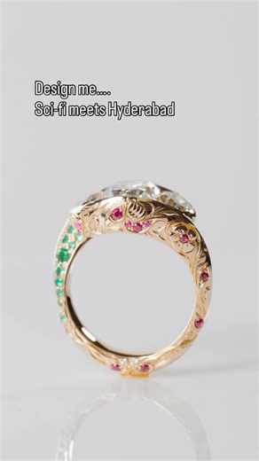 Jean-Paul Xavier on Instagram: "This is an absolute favorite design! A beautiful composition of futuristic sci-fi meets Indian infusion from Hyderabad. This couple supplied a list of photos and images that inspired their love story where they’ve traveled along with design constraints to keep this classic from far at wild and exotic up close. It is 18 karat gold mixed with emeralds rubies diamonds. #customengagementring #uniqueengagementring #uniqueengagementrings #engagementring"