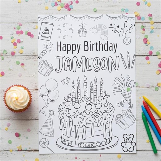 Personalized Birthday Coloring Page for Kids, Custom Name Happy Birthday Cake Printable Party Activity Sheet PDF - Etsy Australia