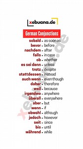 This list presents 20 common German conjunctions and linking words along with their English equivalents, useful for forming complex sentences. The vocabulary is standard and suitable for intermediate learners aiming to improve sentence cohesion. #deutschlernen #learngerman #learngermanonline #deutschkurs #germanlanguage #german #deutsch #germanlearning #studygerman #germancourse #xebuana #GermanVocabulary #LanguageLearning | Xebuana.de