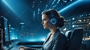 Female Operator Working in Futuristic Control Room with Multiple Monitors and Cityscape View