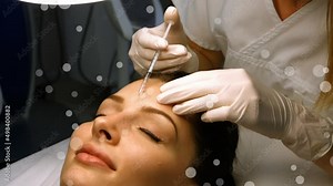 Animation of white spots over biracial woman having botox injection