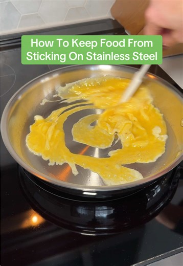 3 Tips For Stopping Food From Sticking On Stainless Steel 1. Preheat your pan on medium low heat for several minutes. 2. Make sure the bottom of the pan is fully coated in oil if you’re cooking something that has a tendency to stick, like scrambled eggs. 3. Be patient. Food will naturally release from the pan when it’s ready to be flipped! #StainlessSteel #StainlessSteelCookware #360Cookware #Cooking