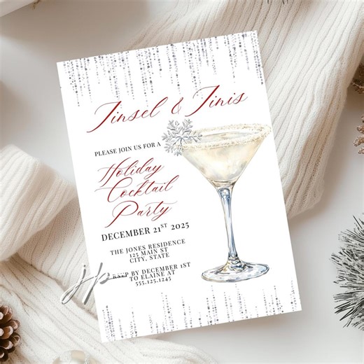 Holiday Cocktail Party Invite Template Editable Tinsel and Tinis Invitation Christmas Snowflake Martini Red & Silver Drink Invite for Canva - Etsy