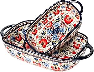 Baking Dish Ceramic Baking Pan Blue Casserole Dish Porcelain rectangular Baking Set 2pcs Bakeware Sets Single Serving Size Lasagna Pan Baking Dishes for oven(Honey Flower)