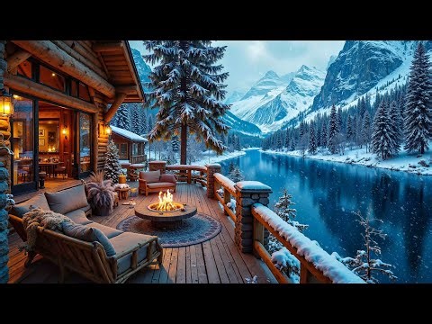 Peaceful Winter Piano Music Riverside Cabin Ambience❄️🔥Crackling Fire Pit, Snowfall & Snowy Forest