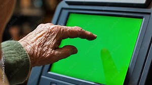 Elderly man's finger pushing buttons on a touchscreen on a voting machine during a USA election where the screen is a chroma key green screen.