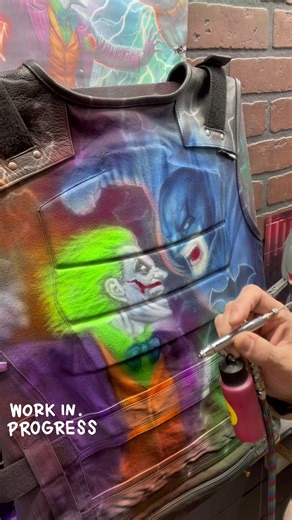 🎨🔥Custom racing jacket airbrushed with Joker and Batman.Hit Me Up if you want something painted.#fyp #airbrush #pov #joker #batman