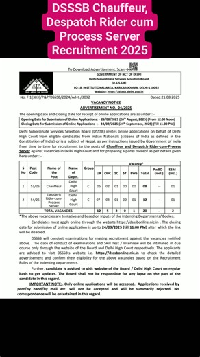 4K views · 17 reactions | DSSSB Chauffeur, Despatch Rider cum Process Server Recruitment 2025 #DSSSB #chauffeur #riders | Government Jobs | Facebook