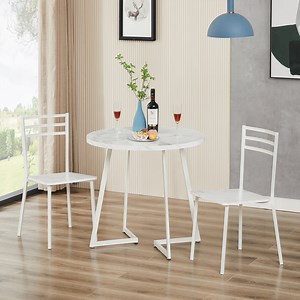 VECELO 3 Piece Dining Table Set with 2 Chairs, Small Kitchen Table Set for 2, Metal Frame and Wood Table Set for Dining Room, Living room, Small Spaces, White
