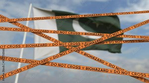 Caution biohazard tape with flag of Pakistan as a background. Pakistani restricted entry or quarantine. Conceptual looping 3D animation