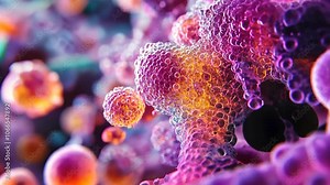 A close-up image of a pink and orange cell, captured under a microscope, showing the intricate details of its structure