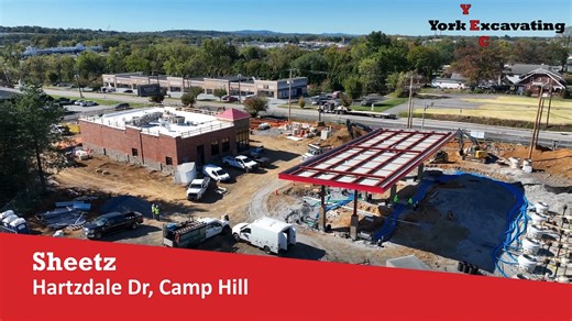 PRESS RELEASE — York Excavating Company Sheetz – Hartzdale Drive (Camp Hill, PA) York Excavating Company (YEC) is progressing quickly on the new Sheetz location at Hartzdale Drive in Camp Hill. This site includes the complete demolition of two existing structures and full site development for a new Sheetz store on an extremely tight and aggressive timeline. One of the biggest challenges on this site has been the significant amount of required rock excavation, which YEC crews and specialty partne