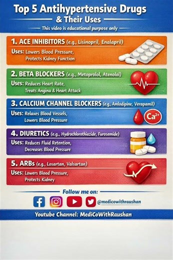Top 5 Antihypertensive drugs &uses #aceinhibitors#betablockers#calciumchannelblockers#diuretics#arbs